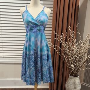 India Boutique Blue Teal Floral Wrap Midi Dress